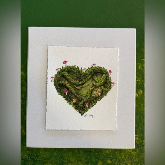 Original Green Heart Mushroom Forest Moss Nature Gouache art Mini fairycore - Picture 7 of 7